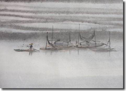 蘇州山水画　「晩歸」　漁民と船が描かれています。