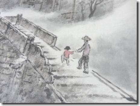蘇州山水画　『父娘』　娘に手を引かれて橋を渡る父。