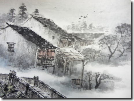蘇州山水画　『父娘』　鳥が空を舞い、民家が霧の中に幻想的に浮かんでいます。