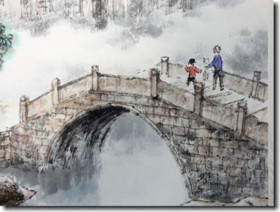 蘇州の山水画　『春満江南』　蘇州には最新のものから２５００年以上の歴史ある橋まで、大小３９０ほどあるそうです。