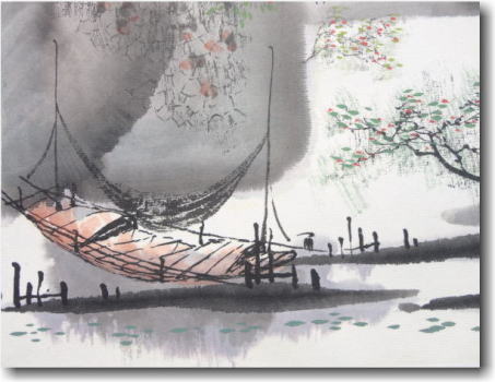 雪泉作　江南山水　「春韻」　右下部分の船の拡大写真